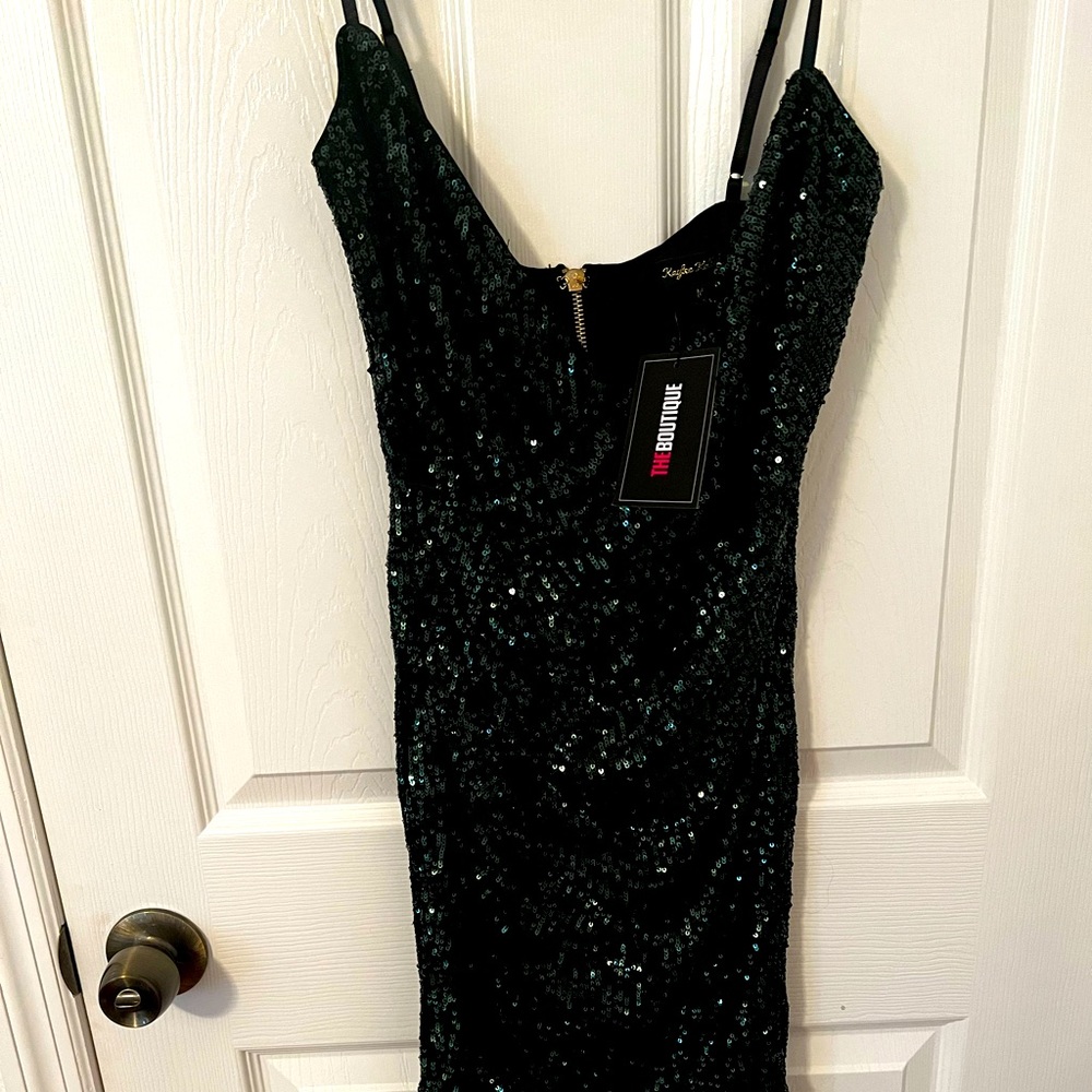 NWT Emerald Green Fringe Sequin High Slit Dress